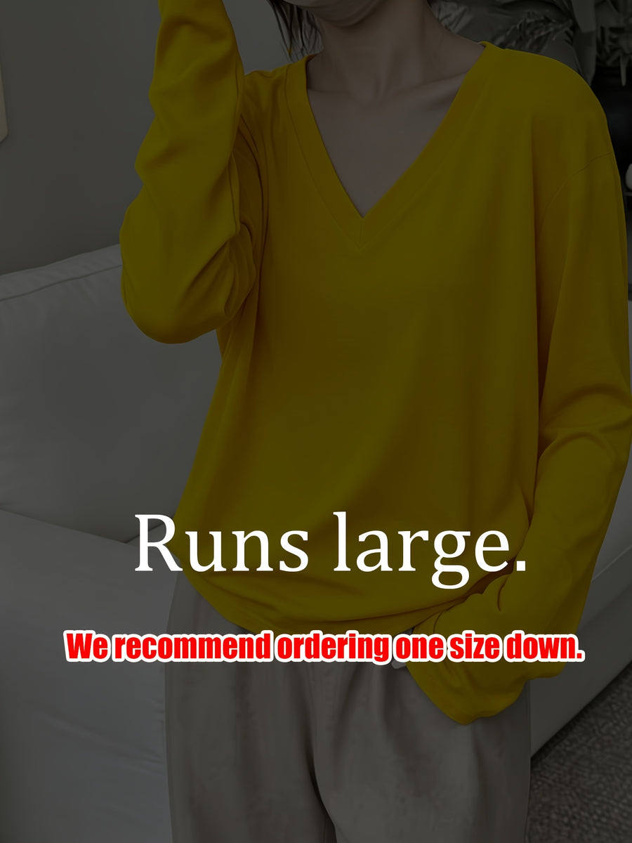 Loose Fit Drop Shoulder Sleeves Relaxed Style Women's Long Sleeve T-Shirt Polyester Women's Autumn Top Thin V-Neck Pullover Solid Color Basic Style Women's Casual Base Layer Spring/Autumn Women's Clothing Machine Washable, Not Dry Cleanable Autumn - Yellow