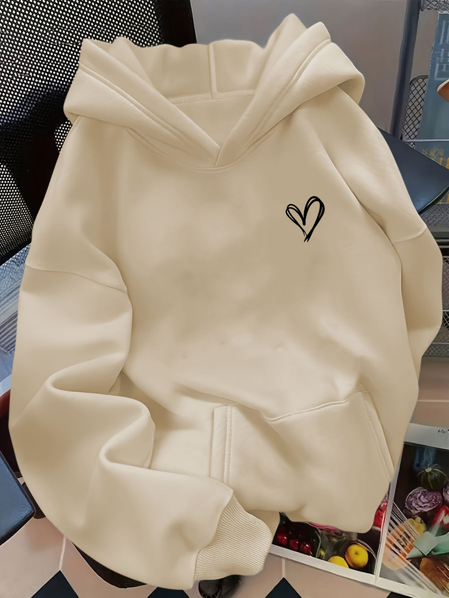 D92-One-Piece Loose Hooded Sweatshirt, Valentine's Day Fashion Casual Sweatshirt Outfit, Trendy Cute Heart Pattern Print, Spring and Autumn, Women's L16325 - Apricot