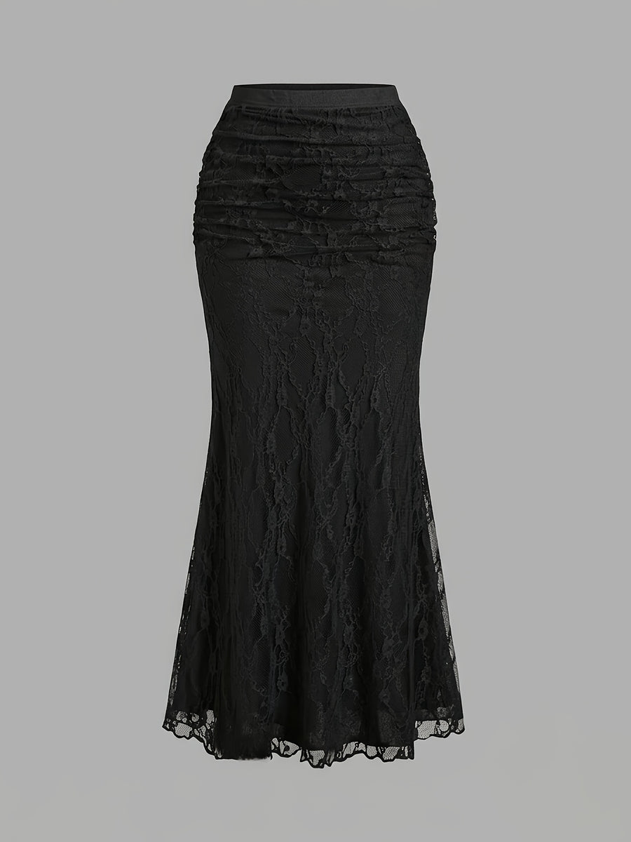 French-Style High-End Lace Mermaid Skirt for Women, Slim-Fit Commuter Daily Long Skirt - Black