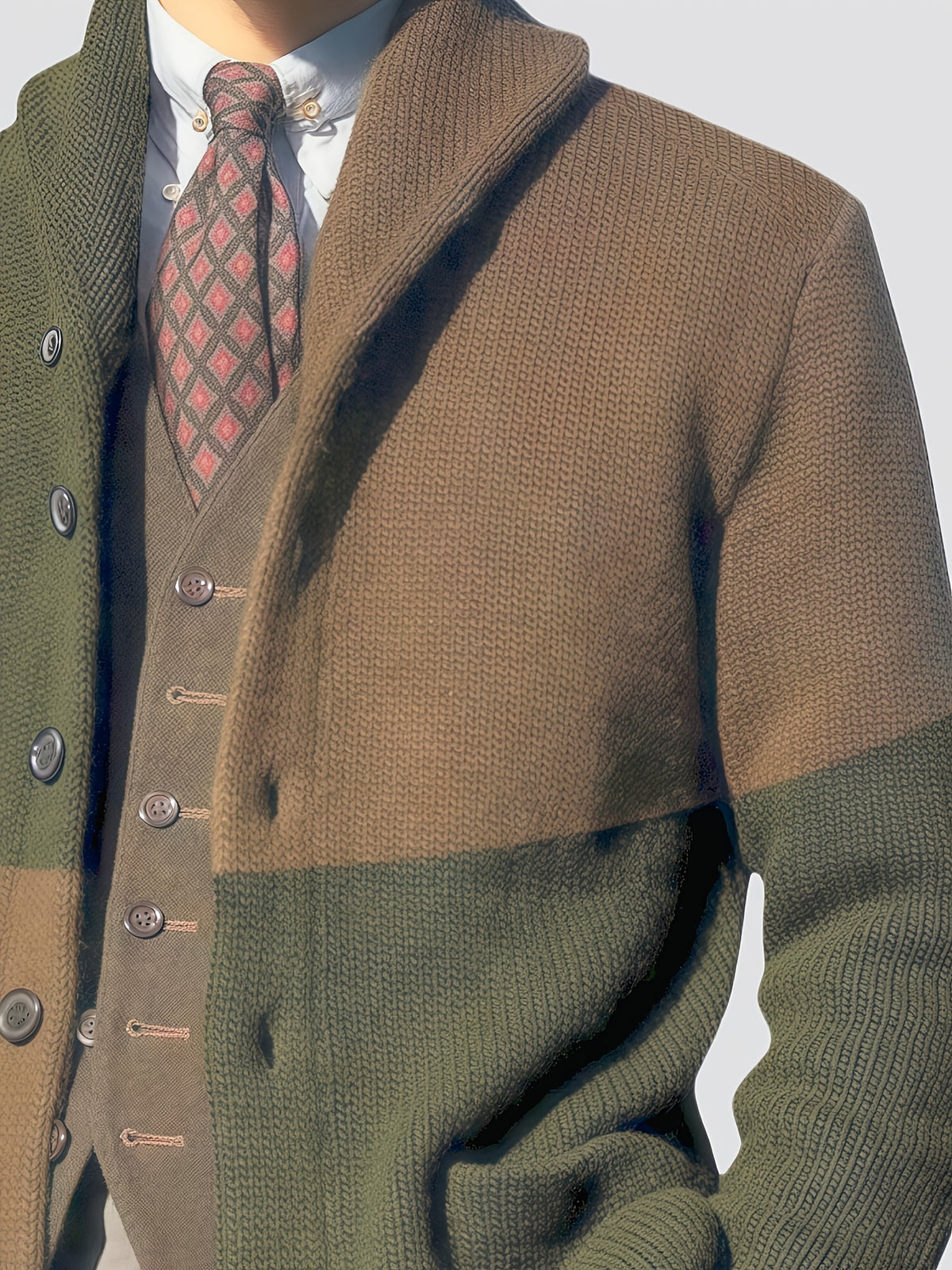 Men'S Elegant Patchwork Lapel Knit Cardigan, Unisex Color-Block Sweater Button-Up Jacket, Fashionable Casual Sweater for Men, Regular Fit for Spring And Autumn - Olive Green
