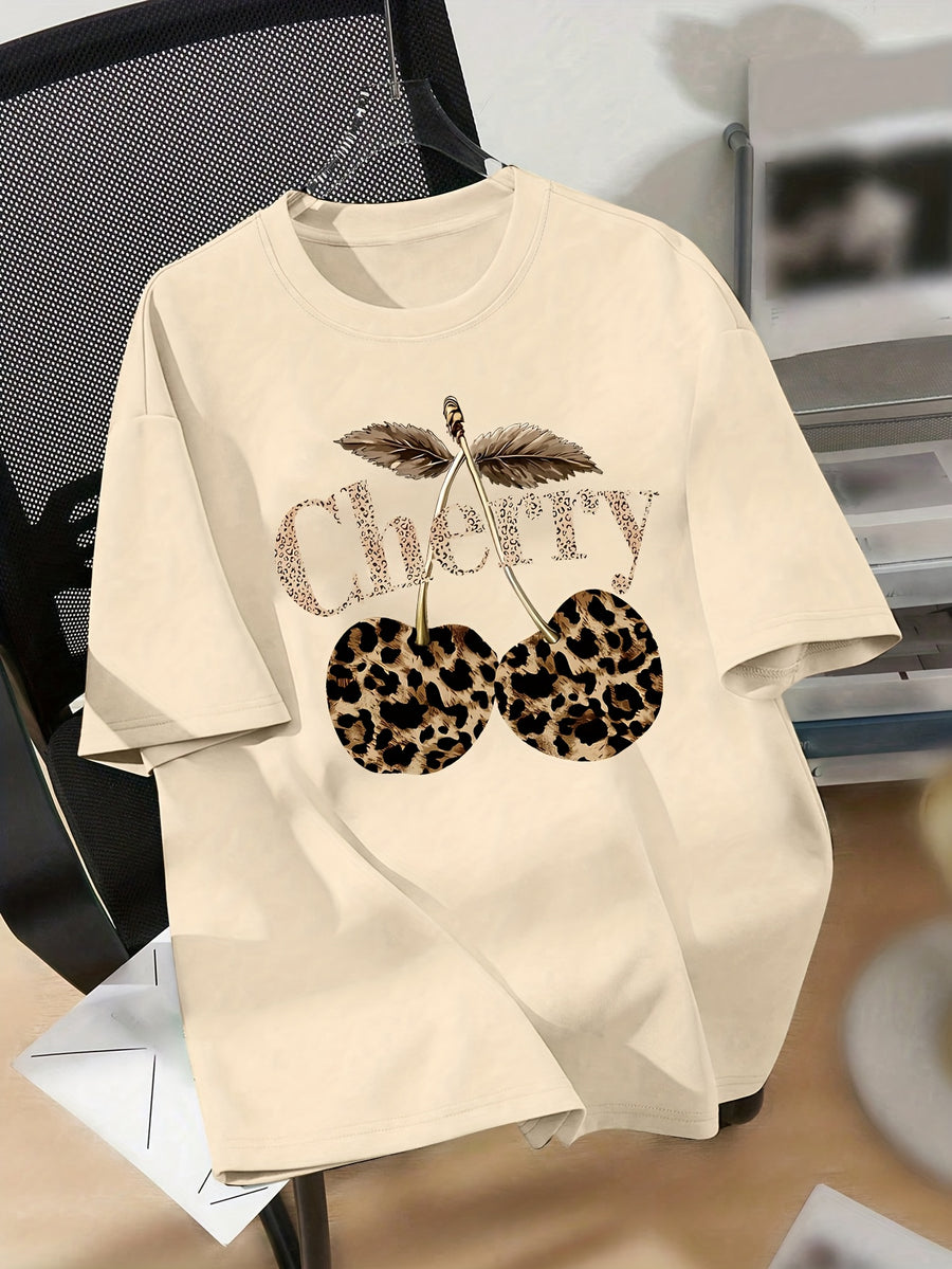 Leopard Print Cherry Pattern Casual Vintage T-Shirt, Short-Sleeve Round-Neck Top, Suitable for Autumn, Summer, And Spring, Women'S Clothing, Autumn Short-Sleeve Top, Everyday Wear - Apricot