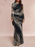 Elegant Special Women'S Mesh Gradient Ombre Printed Round Neck Long Sleeve Ruched Waist Long Dress, Spring Autumn Elegant Dress Suitable for Evening Parties, Dates, Birthday Gatherings, Red Carpet Styling, Mature Atmosphere Long Skirt [ZLLZ] - Grey