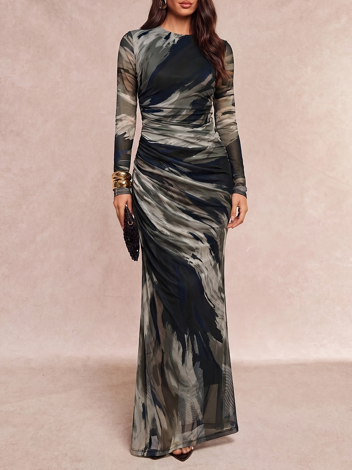 Elegant Special Women'S Mesh Gradient Ombre Printed Round Neck Long Sleeve Ruched Waist Long Dress, Spring Autumn Elegant Dress Suitable for Evening Parties, Dates, Birthday Gatherings, Red Carpet Styling, Mature Atmosphere Long Skirt [ZLLZ] - Grey