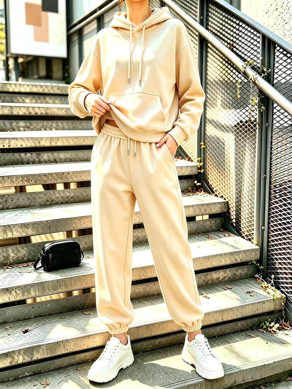 Autumn Winter Trendy Fashion Hooded Drawstring Sweatshirt And Jogger Pants Women'S Set, Hooded Drawstring Design, Front Kangaroo Pocket on Sweatshirt, Comfortable Wear for Cold Weather, Classic Silhouette, Comfortable Fit - Apricot