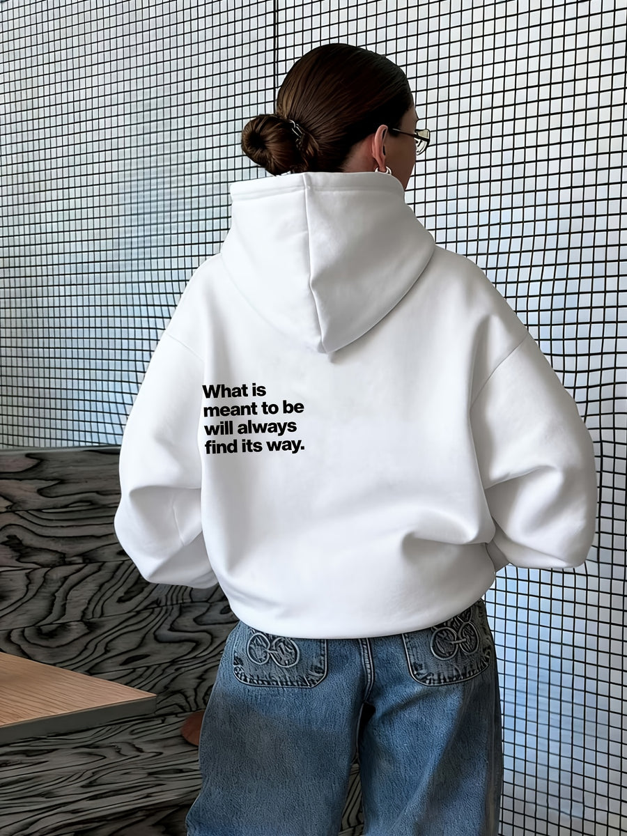 Women's Atmospheric Back English Phrase Print Hooded Sweatshirt with Fateful and Quote Design, Loose Oversized Drop-Shoulder Fit for Daily Streetwear Casual Pullover Hoodie - White