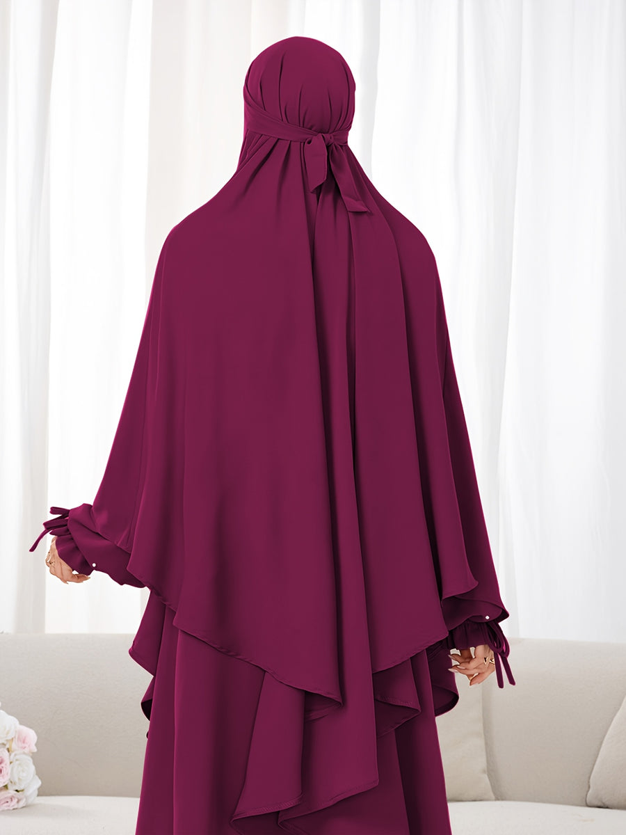 Women's 2pcs Modest Islamic Abaya & Khimar Suit - Elegant Full Coverage Prayer Dress with Headscarf, Pure Color Muslim Dress Suitable for Daily Wear, Hajj, Ramadan, Travel - Abaya Robe for Muslim Women - Deep Red
