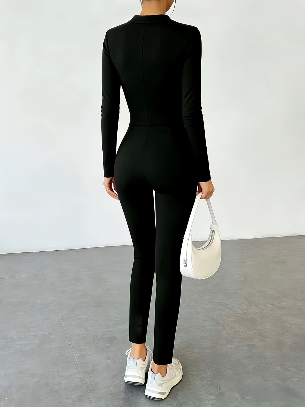 Lightweight Style Stand-up Collar Front Zipper Long-sleeve Body-hugging Fit for Women, Firm Shaping and -lifting, Solid Color Stretch Jumpsuit - Black