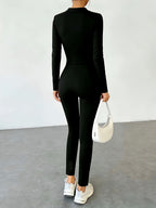 Lightweight Style Stand-up Collar Front Zipper Long-sleeve Body-hugging Fit for Women, Firm Shaping and -lifting, Solid Color Stretch Jumpsuit - Black