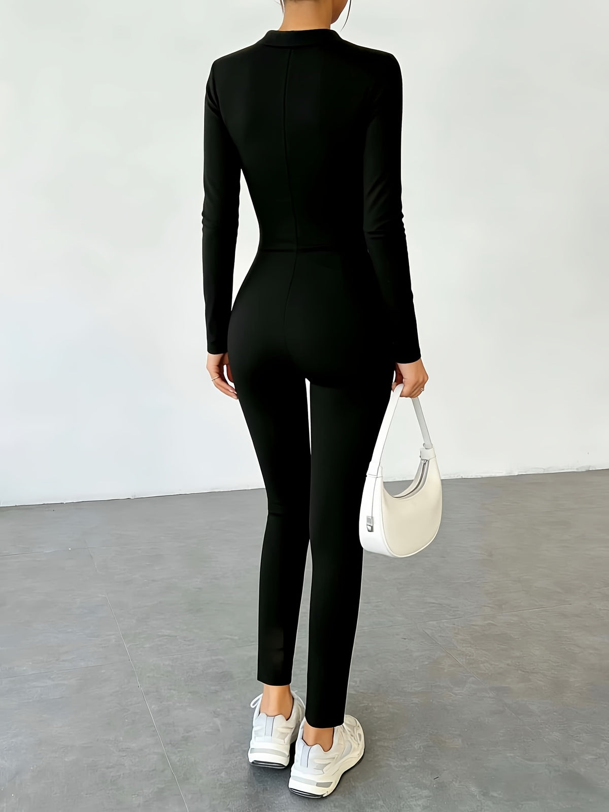 Lightweight Style Stand-up Collar Front Zipper Long-sleeve Body-hugging Fit for Women, Firm Shaping and -lifting, Solid Color Stretch Jumpsuit - Black