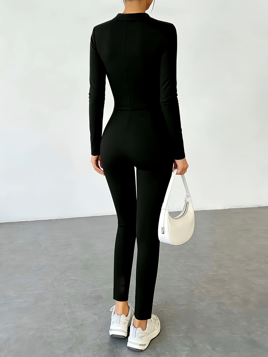 Lightweight Style Stand-up Collar Front Zipper Long-sleeve Body-hugging Fit for Women, Firm Shaping and -lifting, Solid Color Stretch Jumpsuit - Black