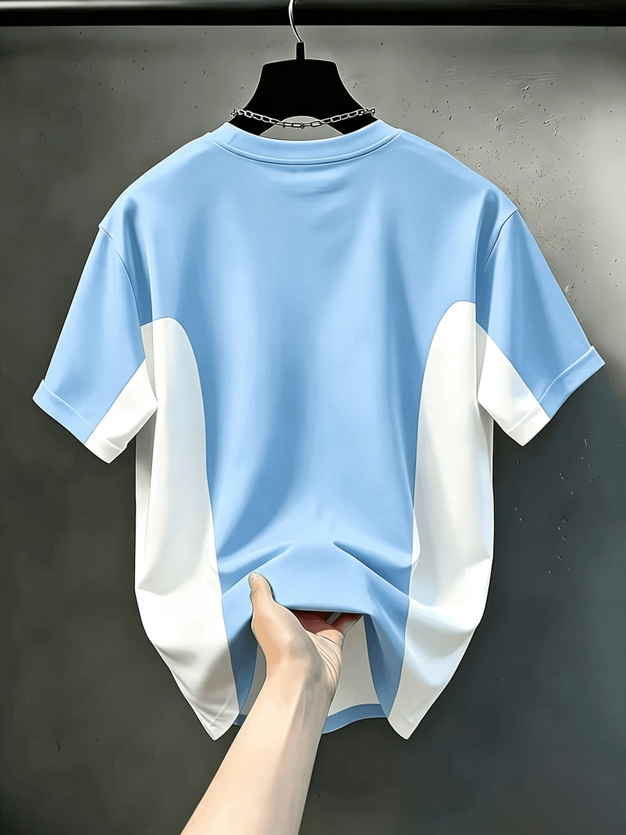 Men's Casual Crew Neck T-Shirt, Color Block Design, All-Season Fashion Top, Breathable Regular Fit for Daily and Formal Wear - Crew Neck Casual Top, Comfortable to Wear, Gift for Teens and Adults, Outdoor Activity Shirt, Sporty Style - Sky Blue