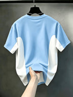 Men's Casual Crew Neck T-Shirt, Color Block Design, All-Season Fashion Top, Breathable Regular Fit for Daily and Formal Wear - Crew Neck Casual Top, Comfortable to Wear, Gift for Teens and Adults, Outdoor Activity Shirt, Sporty Style - Sky Blue