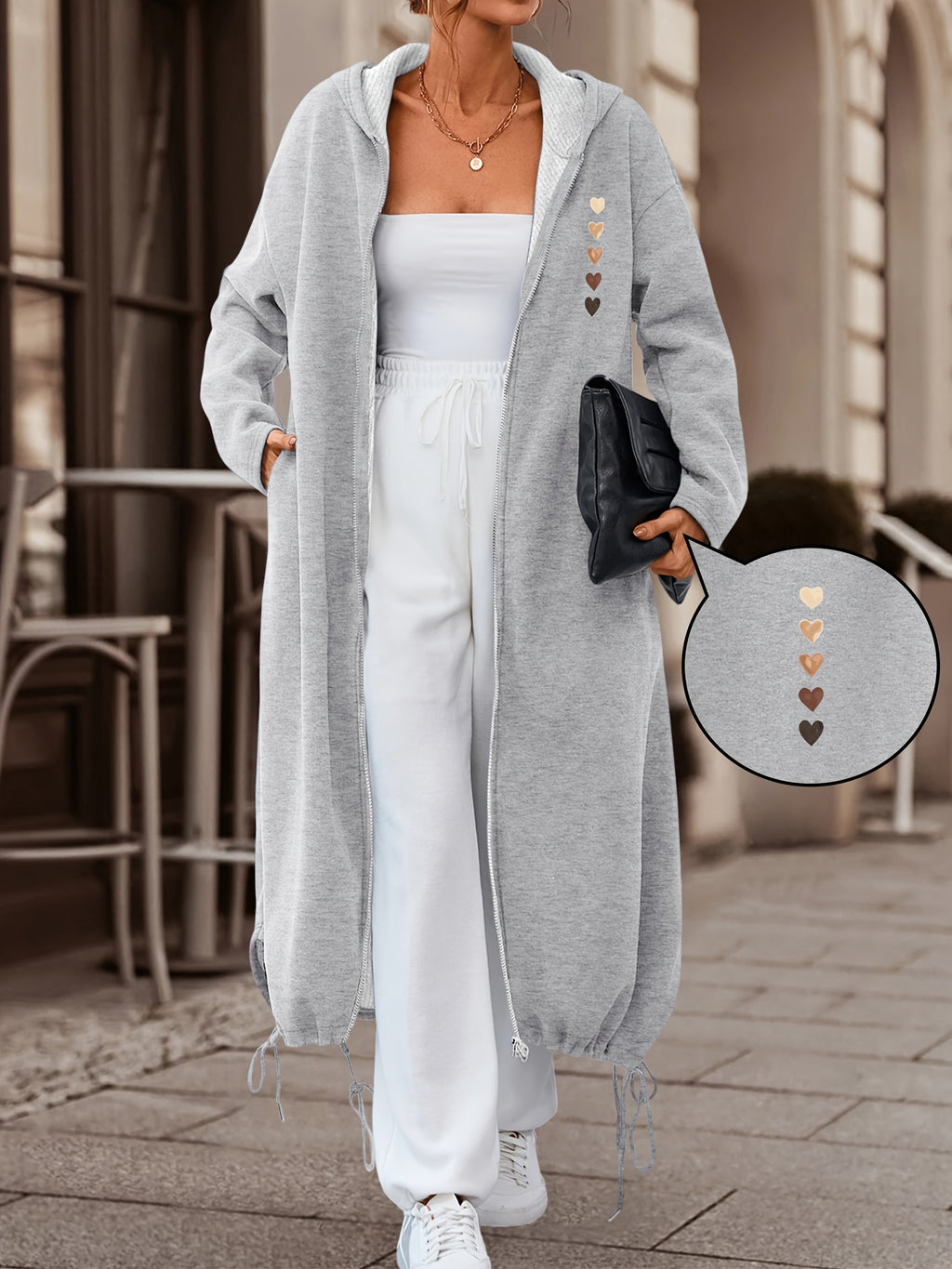 Autumn/Winter Women's Casual Fashion Long Hooded Jacket with Front and Back Gradient Heart Print, Comfortable and Versatile for Daily Commute and Multiple Scenarios - Grey