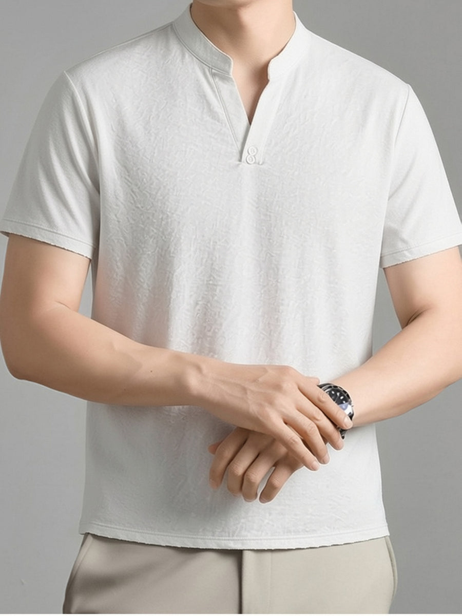 Men's Summer Short-Sleeve T-Shirt, Featuring a Stand-up Collar and Henry Collar Dual Design, with a Comfortable Texture Suitable for Both Business and Casual Wear - White