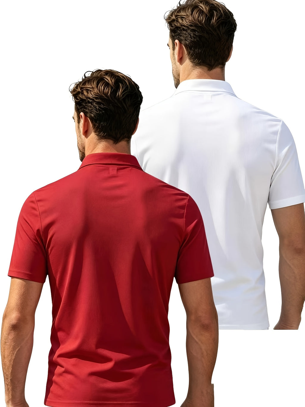 2pcs Men'S Short Sleeve Casual Athletic Polo Shirt Set, Zipper Collar, Comfortable And Breathable, Original Design - Red And White