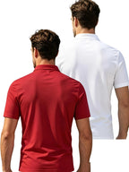 2pcs Men'S Short Sleeve Casual Athletic Polo Shirt Set, Zipper Collar, Comfortable And Breathable, Original Design - Red And White