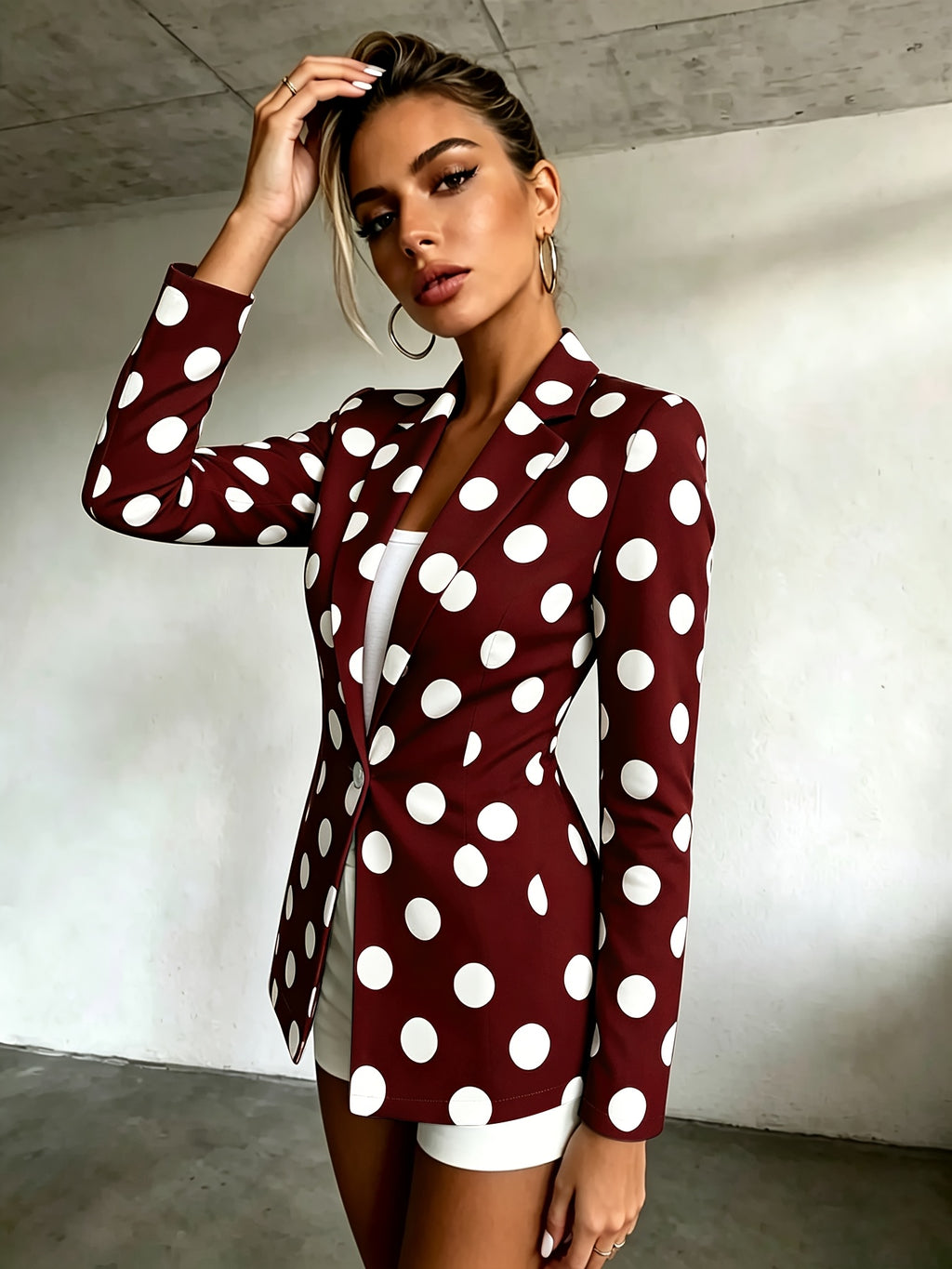Women's Polka Dot Pattern Button-Up Long Sleeve Blazer, Women's Top, Suitable for Spring, Summer, Autumn, A Must-Have Item for All Seasons, Machine Washable, for Office Commuting and Casual Outings - Deep Red