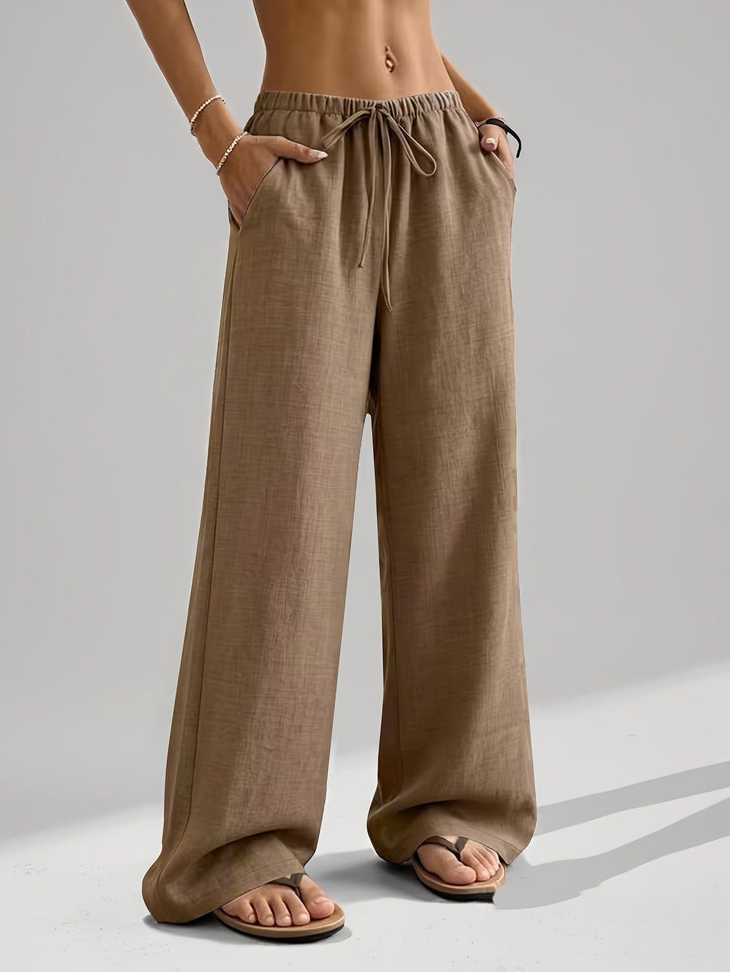 Summer Women'S Casual All-Match Straight Trousers with Elastic Waist And Fake Drawstring Design, Loose Comfortable Wide-Leg Pants Suitable for All Seasons, Outdoor Running And Athletic Long Pants - Khaki