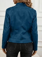 Plus Size Women'S Elegant Jacket - Soft Stretch Fabric, Metallic Zipper Design Spring/Autumn Outerwear - Sea Blue