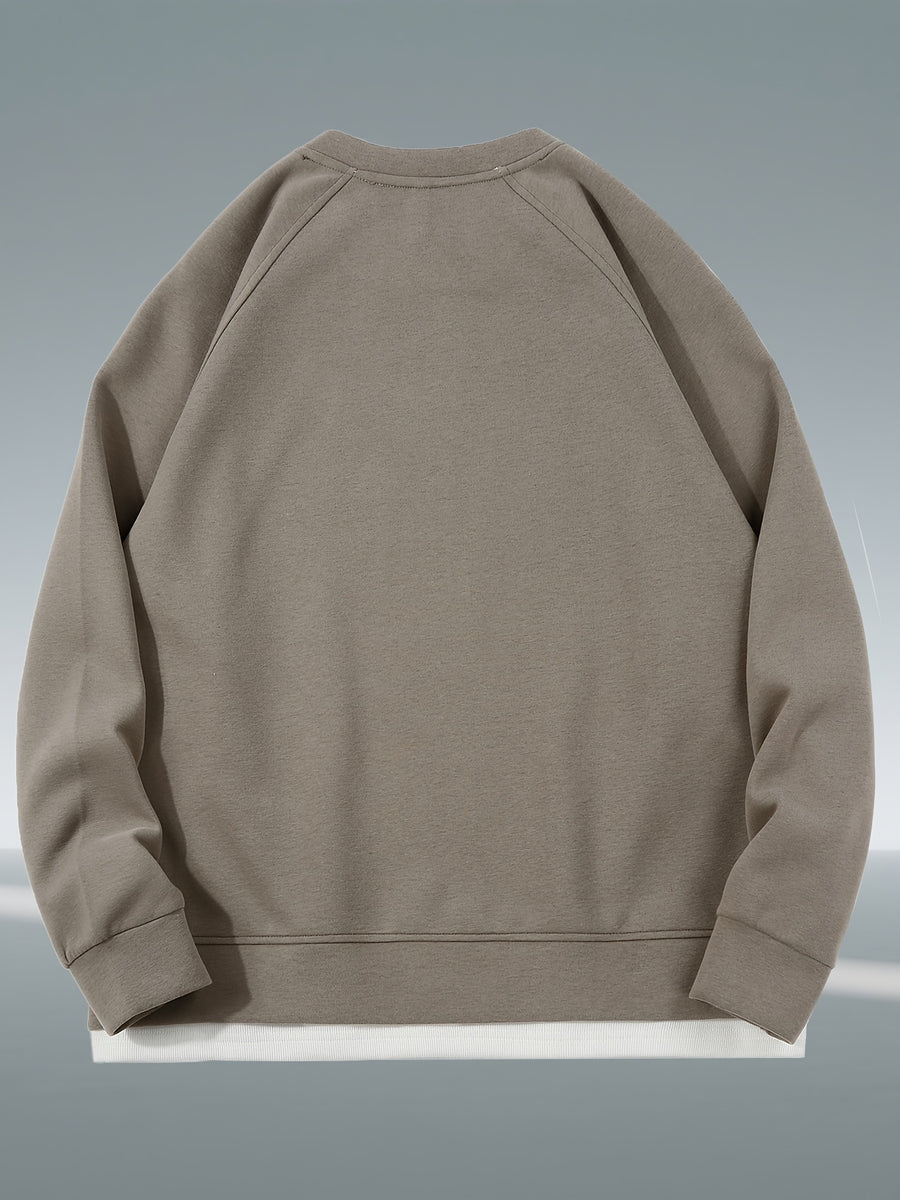 Autumn And Winter New Men'S Heavyweight 350G Fake Two-Piece Crew Neck Sweatshirt, Fashionable Raglan Sleeve Versatile Pullover, Loose Blend 67% + 33% Fiber Sports Sweatshirt - Gray Green