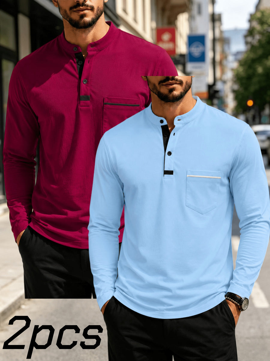 2pcs Men's Stand Collar Long Sleeve Henley Shirt, Casual Half-Button T-Shirt with Pockets, Lightweight and Breathable Stand Collar Pullover Top, Suitable for Daily, Office, and Outdoor Scenes - Wine Red+Light Blue