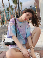 Women's Plus Size Loose Fit Casual T-Shirt - Pastel Tie-Dye Letter Print Round Neck Short Sleeve, Breathable Medium Stretch Fabric, Long Length for Spring Summer Fall, Machine Washable, Seasonal Fashion, Trendy Graphic Tee, Pullover Style Top, Everyday - Multicolor