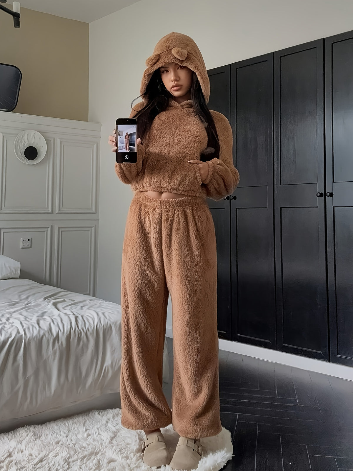 Women's Khaki Fluffy Casual Loose Double-Sided Set "Wilderness - Khaki