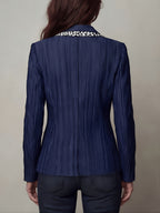 2026 Autumn New Style, Commuter Elegant Style, Striped Printed Leopard Pattern Lapel Patchwork Design Single Button with Lining, Long Sleeve Waist-Cinching Suit Jacket, Suitable for Casual Commute Outerwear - Dark Blue