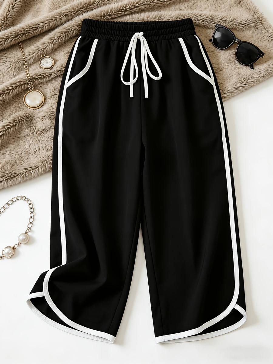 Women'S Pants, Easy Lazy Style American Retro Capri Pants, Elastic Waist Drawstring Design, Loose Contrast Trim Capri Pants, Comfortable Home Casual Trousers - Black