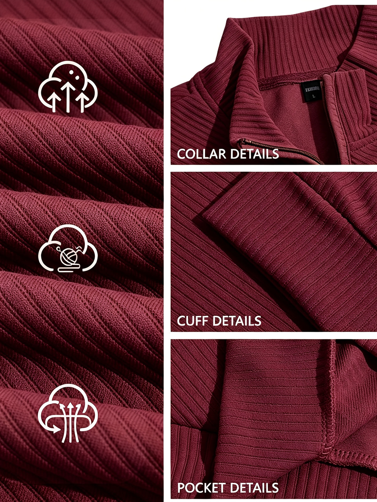 BOWZ Men's Casual Top, Solid Color Stand Collar Sweatshirt, Half-Zip Design, Warm Knit Henley Shirt, Skin-Friendly and Sweat-Absorbent, Simple, Casual, Fashionable, and Versatile, Men's Autumn/Winter Long-Sleeve Top, Suitable for Daily Leisure - Burgundy