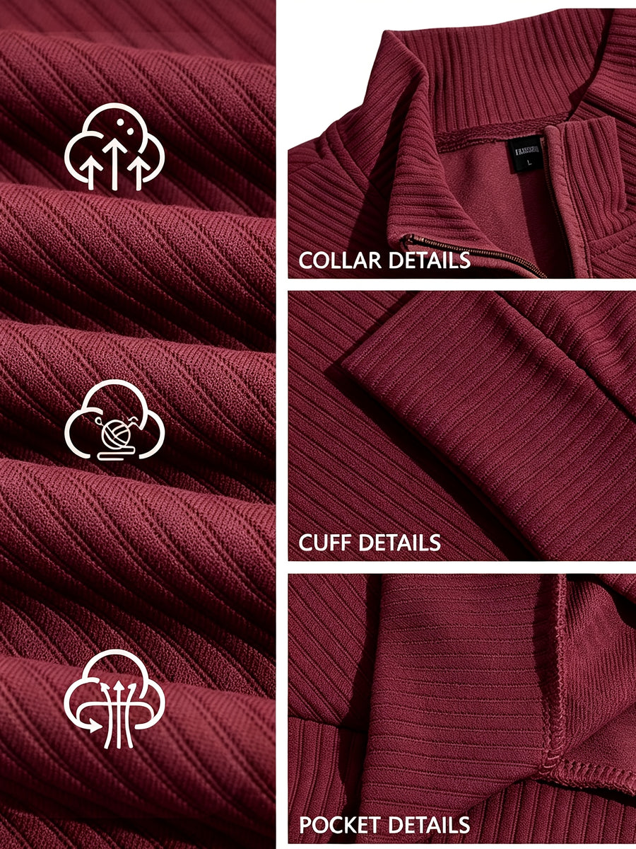 BOWZ Men's Casual Top, Solid Color Stand Collar Sweatshirt, Half-Zip Design, Warm Knit Henley Shirt, Skin-Friendly and Sweat-Absorbent, Simple, Casual, Fashionable, and Versatile, Men's Autumn/Winter Long-Sleeve Top, Suitable for Daily Leisure - Burgundy