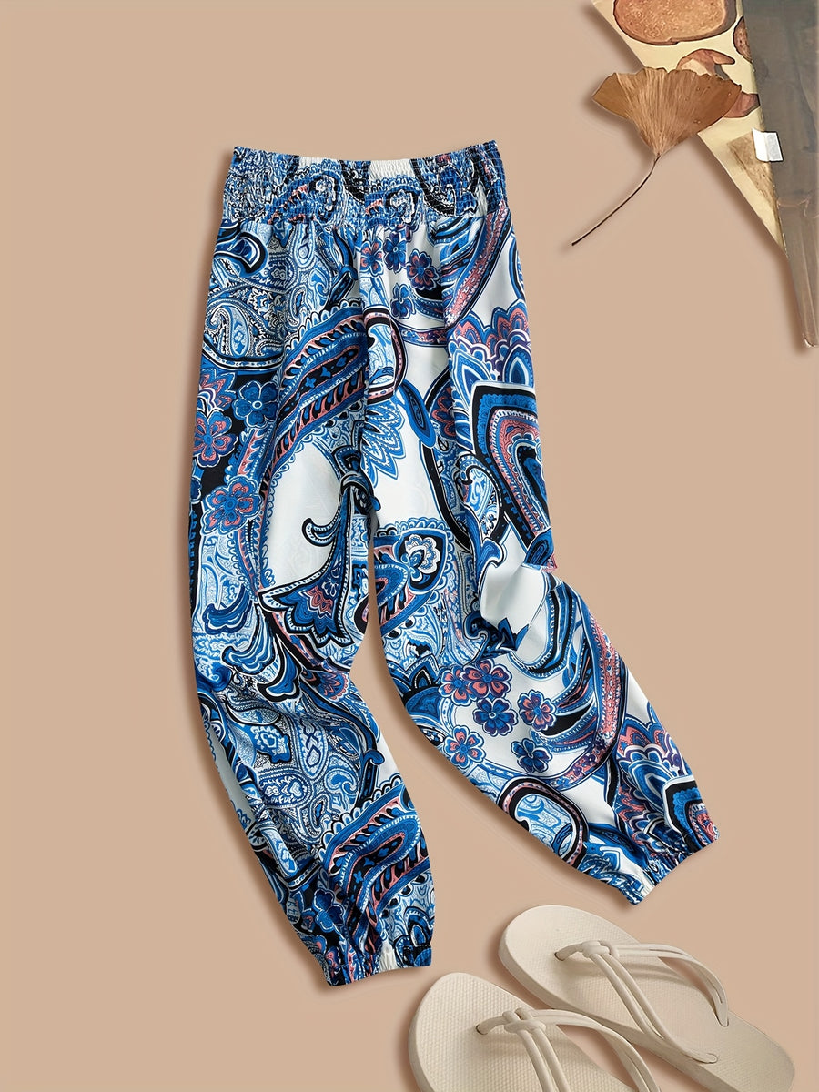 Vacation Full Body Printed High-Waist Elastic Waist Fashion Long Pants - Multicolor 4