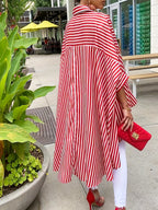 Women'S Striped Print Front Short Back Long Casual Long Sleeve Shirt - Red And White