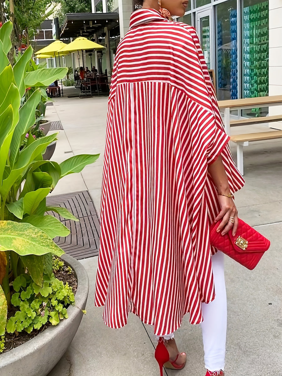 Women'S Striped Print Front Short Back Long Casual Long Sleeve Shirt - Red And White