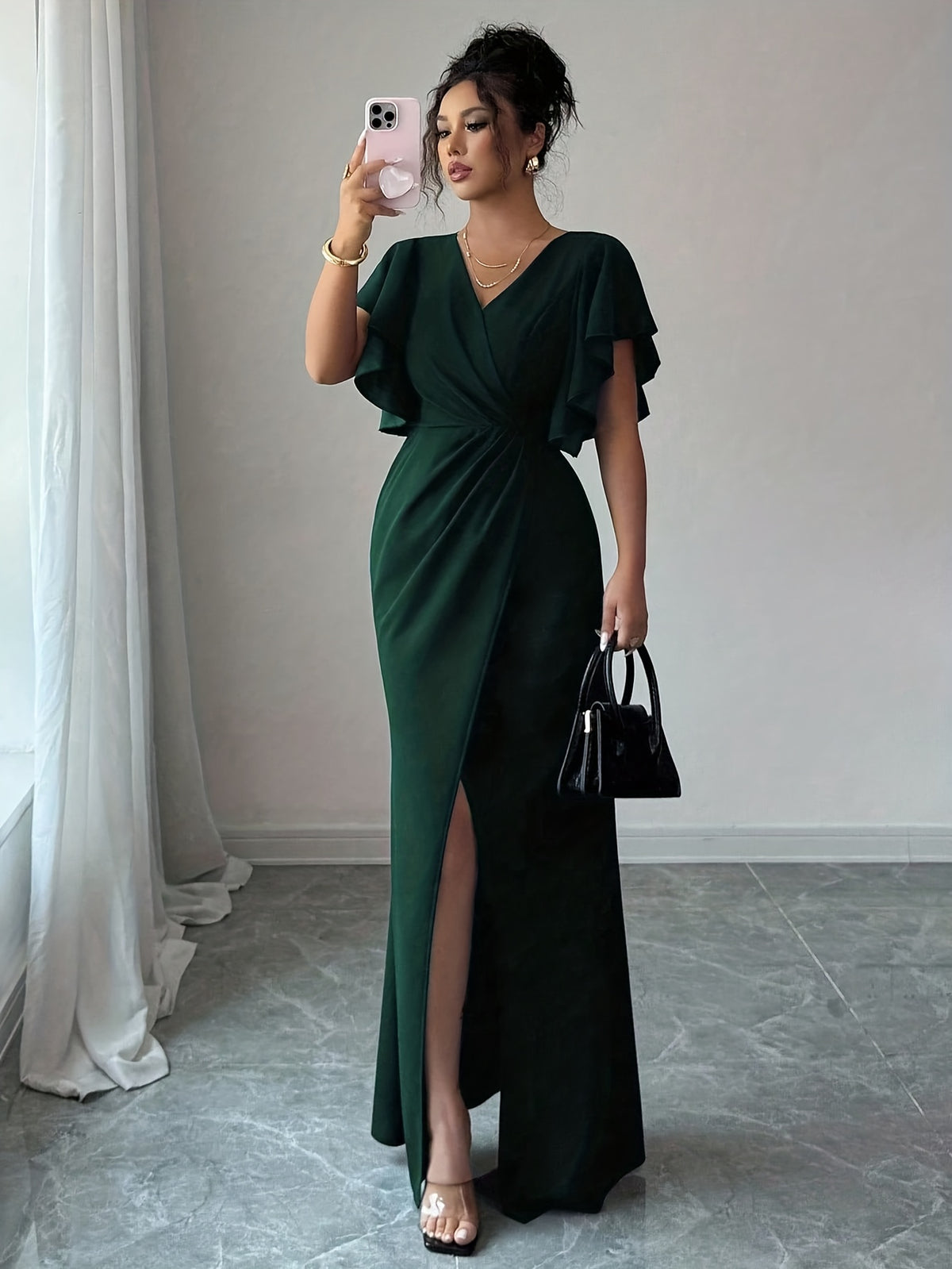Women'S New Temperament Elegant Solid Ruffled Sleeve V-Neck Waist Ruched Slit Fishtail Party Dress - Dark Green