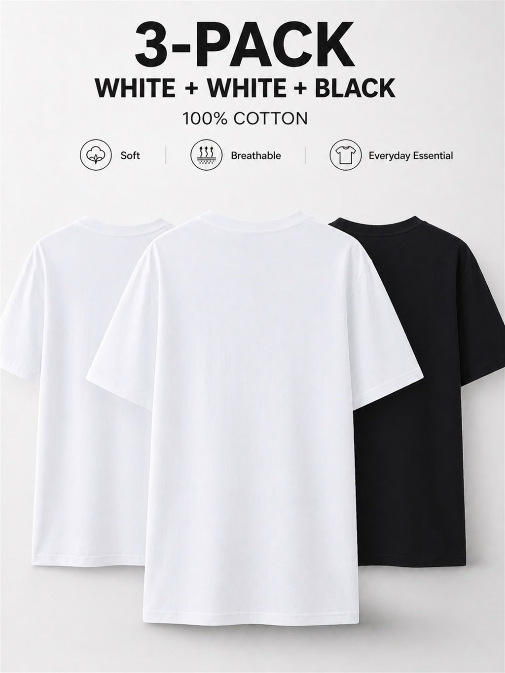 3pcs 100% Pure Solid Color Short-Sleeve T-Shirts, Unisex Crew Neck Basic Style Summer Change-Out Set, Soft, Skin-Friendly, Sweat-Absorbent, Breathable, Comfortable, Durable, Casual for Home, Outer Wear, Commuting, Versatile Top - White+white+black