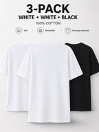 3pcs 100% Pure Solid Color Short-Sleeve T-Shirts, Unisex Crew Neck Basic Style Summer Change-Out Set, Soft, Skin-Friendly, Sweat-Absorbent, Breathable, Comfortable, Durable, Casual for Home, Outer Wear, Commuting, Versatile Top - White+white+black