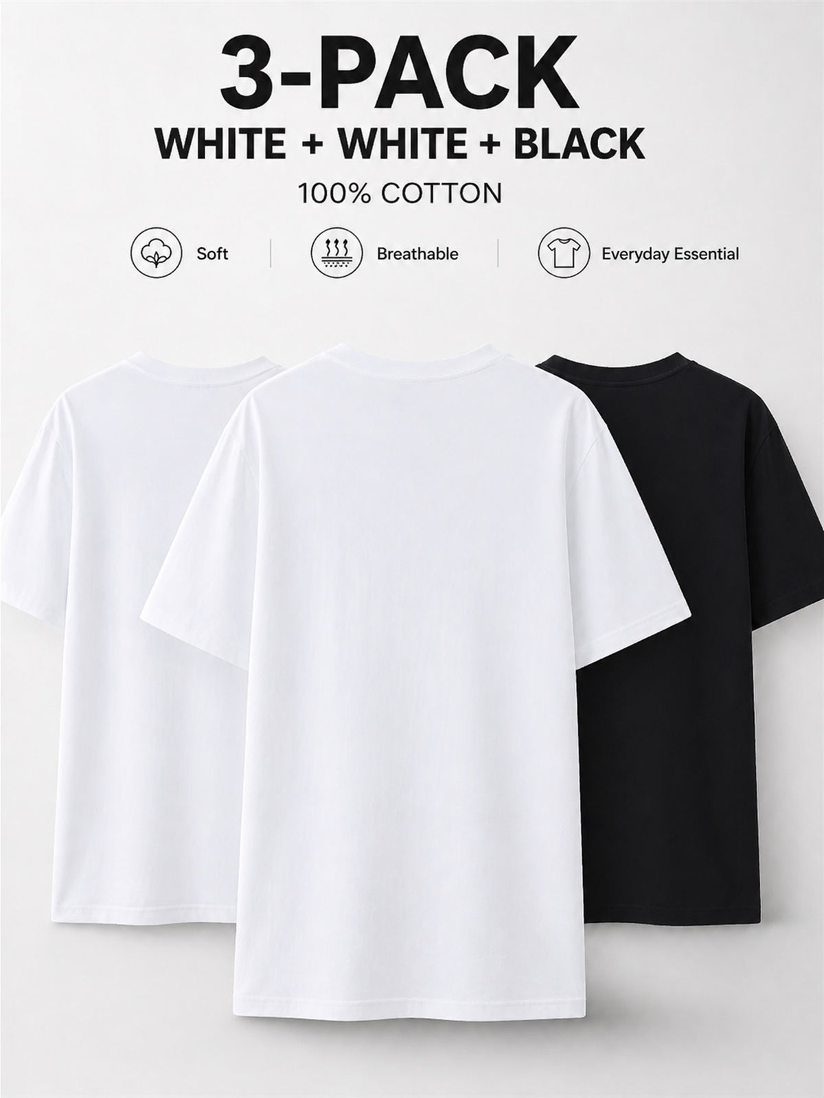 3pcs 100% Pure Solid Color Short-Sleeve T-Shirts, Unisex Crew Neck Basic Style Summer Change-Out Set, Soft, Skin-Friendly, Sweat-Absorbent, Breathable, Comfortable, Durable, Casual for Home, Outer Wear, Commuting, Versatile Top - White+white+black