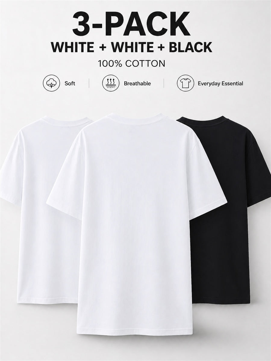 3pcs 100% Pure Solid Color Short-Sleeve T-Shirts, Unisex Crew Neck Basic Style Summer Change-Out Set, Soft, Skin-Friendly, Sweat-Absorbent, Breathable, Comfortable, Durable, Casual for Home, Outer Wear, Commuting, Versatile Top - White+white+black