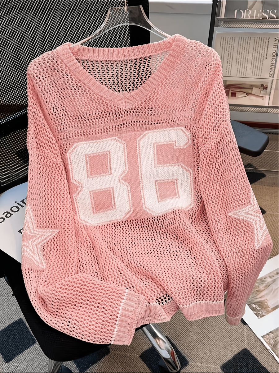 Plus Size - Plus Size - Plus Size Sweater Women'S Oversized Number Print Sweatshirt, Casual Loose Fit Elegant Shirt, Summer Couple Style for Daily Wear, Casual Outing, Beach Vacation - Pink Color