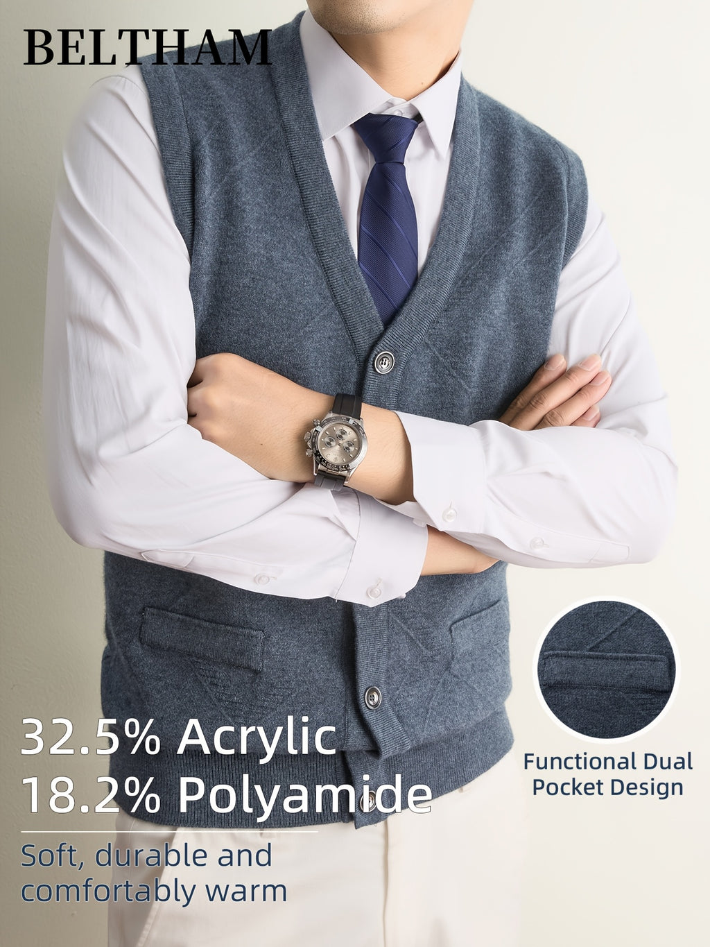 New Autumn Winter Men'S Knit Vest, Ideal Gift for Dad And Husband, with Pockets Warm Cold Resistant Soft Cozy Sweater Waistcoat, Minimalist Elegant Versatile Sleeveless Top for Daily Business Casual Camping Wear - Medium Gray