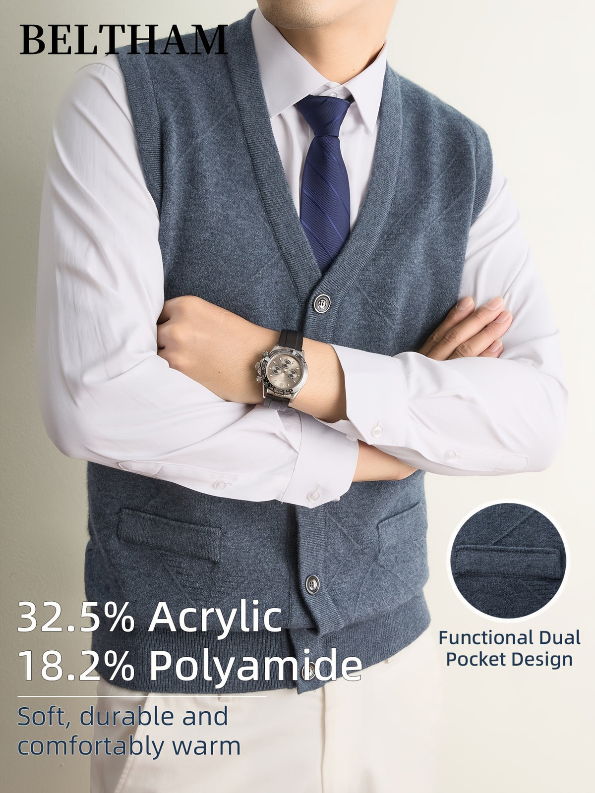 New Autumn Winter Men'S Knit Vest, Ideal Gift for Dad And Husband, with Pockets Warm Cold Resistant Soft Cozy Sweater Waistcoat, Minimalist Elegant Versatile Sleeveless Top for Daily Business Casual Camping Wear - Medium Gray