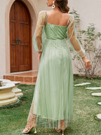 Women'S Summer New Solid Color Mesh Patchwork Elegant Long Sleeve Dress - Yellow-green