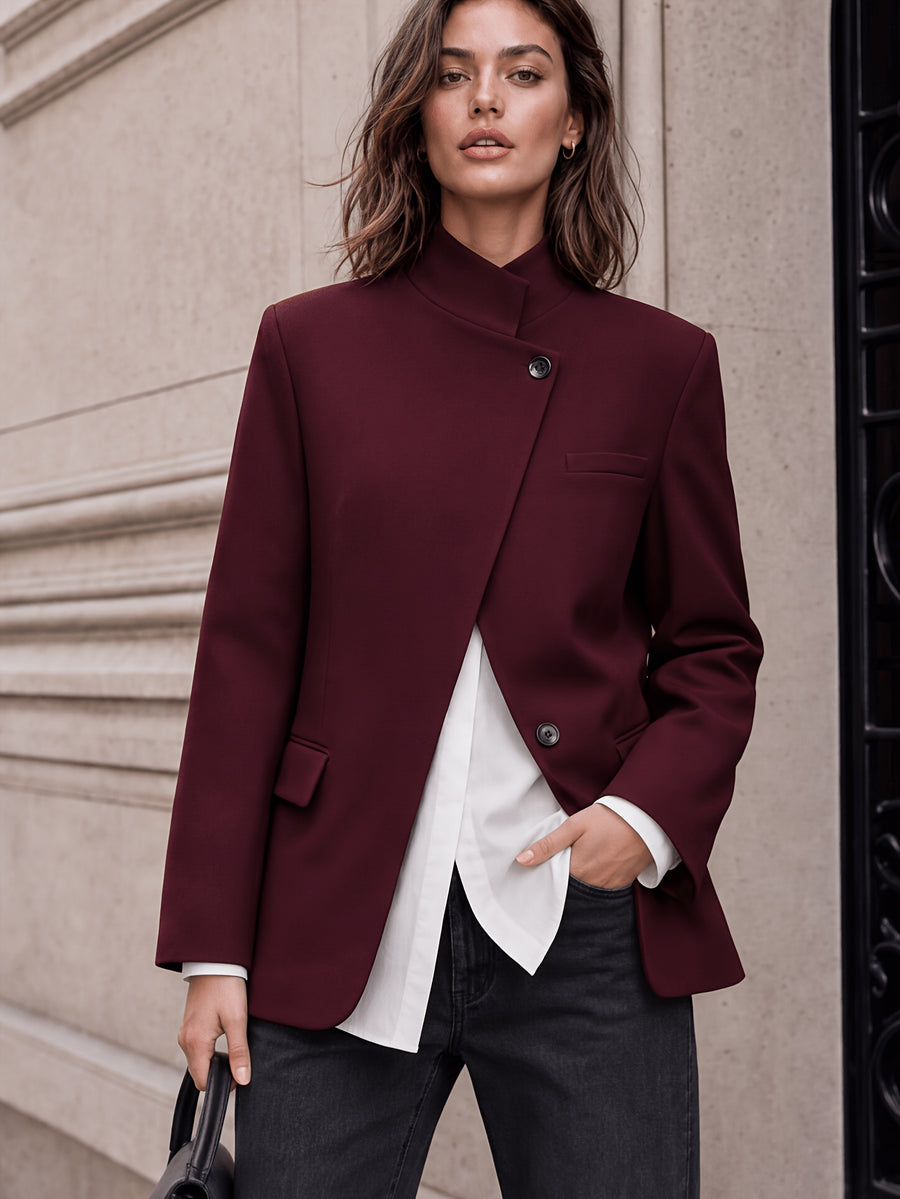 Stand-up Collar with Irregular Slanted Placket, Women's Casual Blazer, Versatile and Elegant Commuter Blazer Top, Dual-wear Suit for Daily and Workplace, Lined, with Pockets - Burgundy