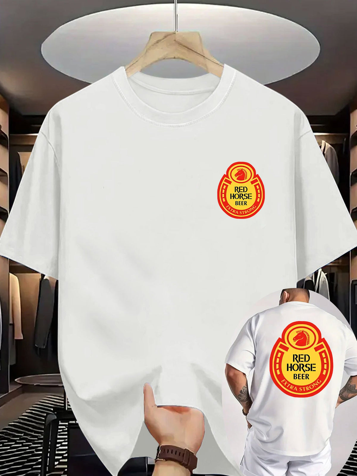New Summer Men'S Casual T-Shirt with Ribbed Round Neck And Short Sleeves, Made from Knitted Fabric, Refreshing And Comfortable, Featuring Double-Sided Printing with a Red Horse Beer Design, Perfect for Outdoor Activities - White