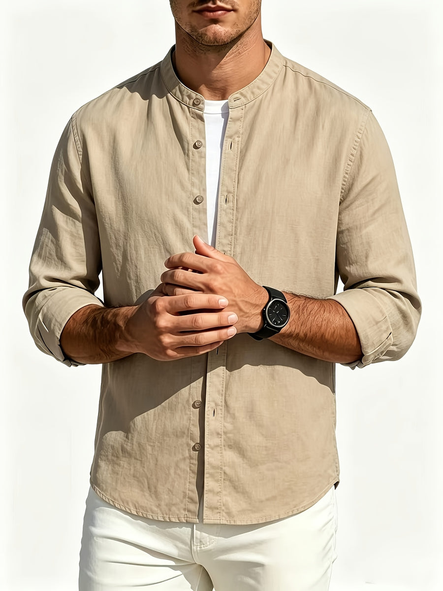 Men's Casual Stand up Collar Long Sleeved Shirt, Simple Solid Color Versatile, Suitable for Both Business and Leisure, Daily Commuting Outerwear - Khaki