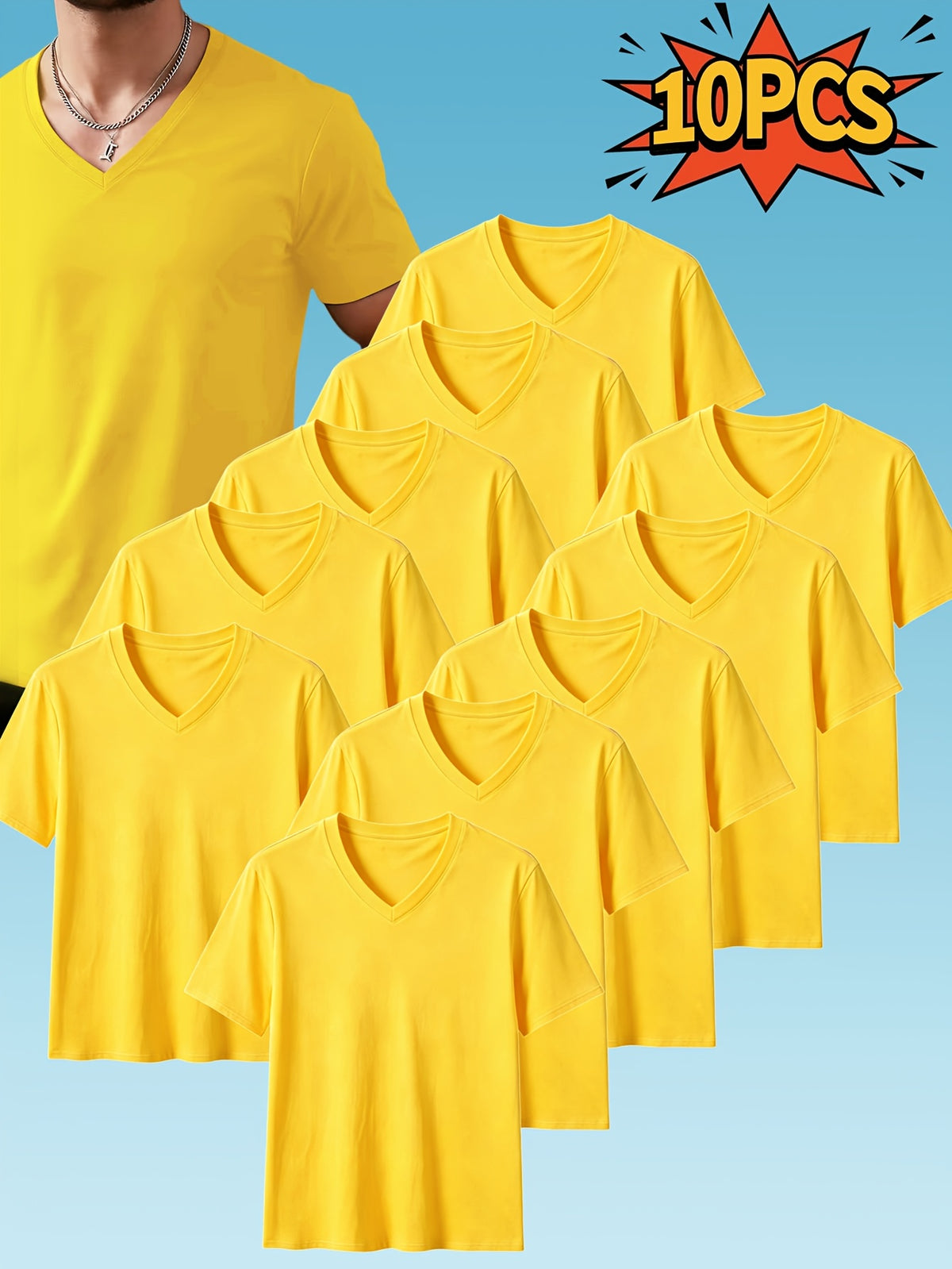 10pcs Men's Casual Knit Ribbed V-Neck T-Shirt / Soft and Comfortable Fabric / Short Sleeve / Solid Color / Crew Neck / Back-to-School Season, Casual Sporty Design Multi-pc Tops, Suitable for Summer Daily Wear - 10 Pieces Yellow