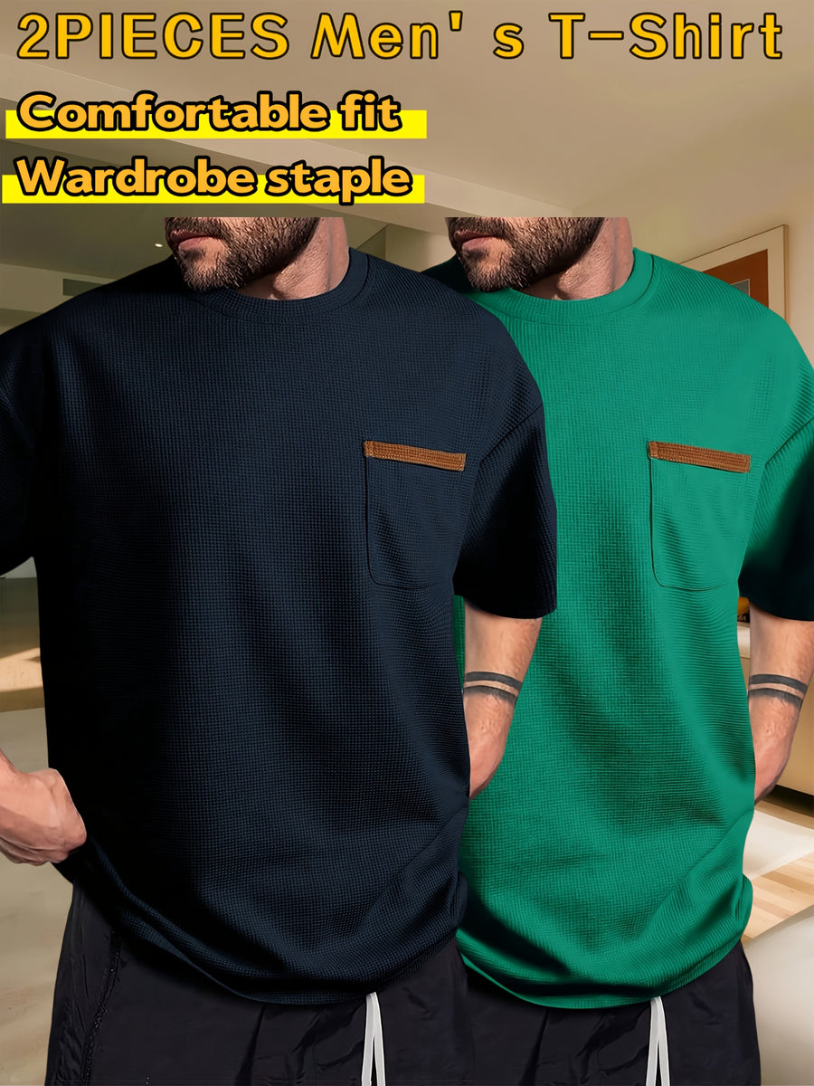 Men's Waffle-Knit Short Sleeve T-Shirt - Breathable Base Layer & Casual Round Neck Pocket Tee, Solid Color Suitable for Gym, Casual Attire, Machine Washable, Spring/Summer Layering Shirt, High-Fit Rate for Lifestyles - Navy Blue+Green