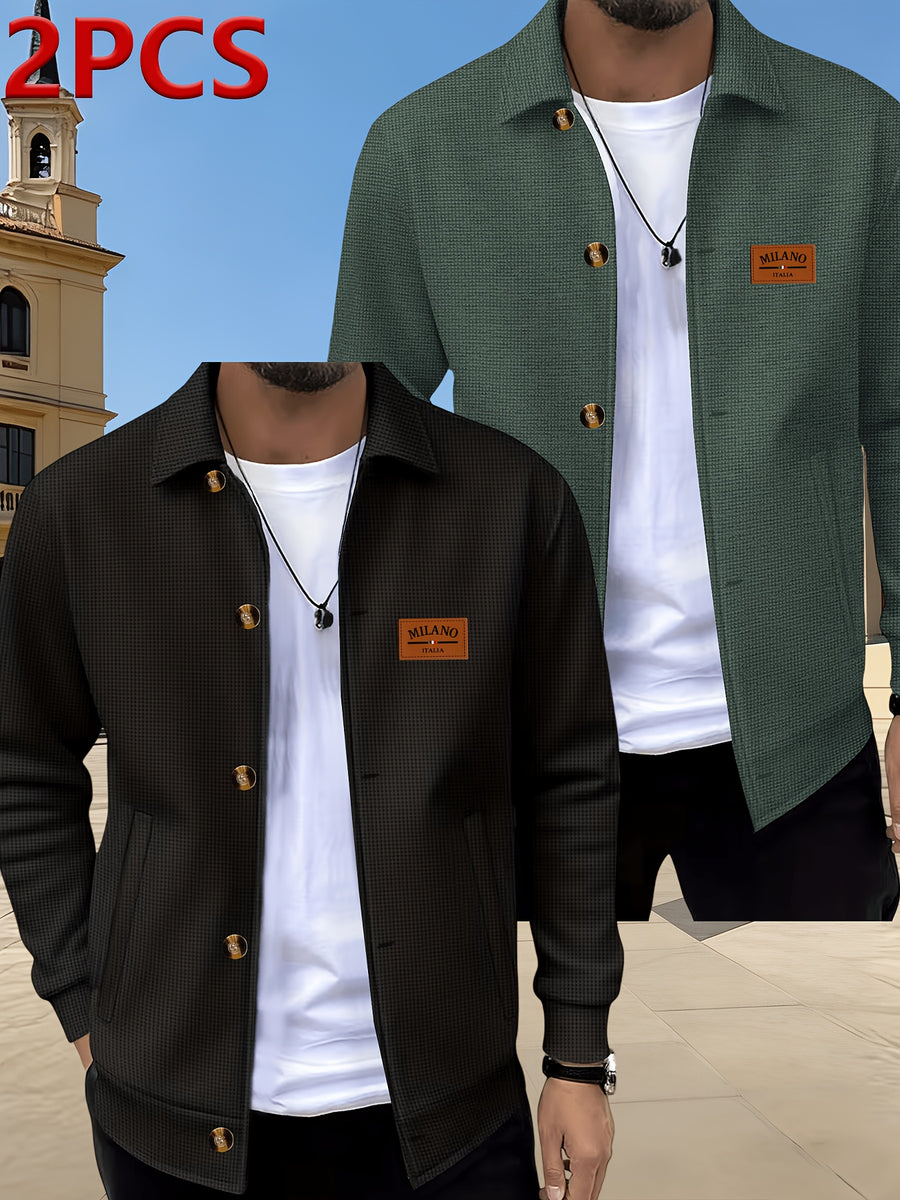 Men's 2pcs Waffle Knit Lapel Jacket, American Light Mature Casual Style, Two-Tone Textured Fabric, Vintage Amber Button Placket, Side Slant Pockets, Versatile Outerwear for Young and Middle-Aged Men for Commuting, Shopping, Outdoor Outings, and Daily - black + army green