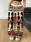Women's Fashion Casual Wide-Leg Pants with African Tribal Figure Silhouette Print, Drawstring Elastic Waist, Long Outdoor S Trousers for Spring/Autumn - Mixed colors
